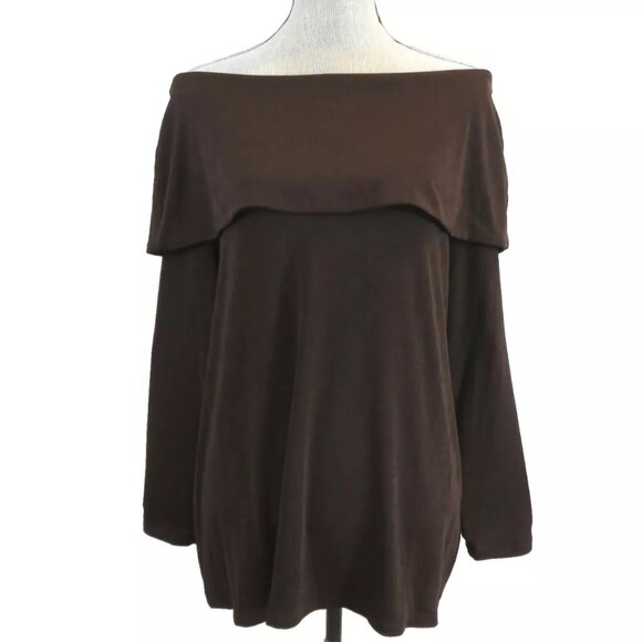 Chico's Travelers Top Size 2 L Off The Shoulder Top Fold Over Neckline Brown - Picture 1 of 12